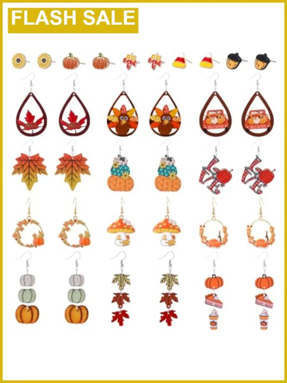 Thanksgiving Earrings Set 17 Pairs Wood Alloy Dangle Stud Fall Jewelry Gift